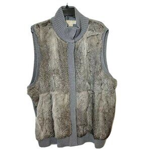 Michael Kors Womens Sleeveless Rabbit Fur Vest Jacket Gray Size 3X Ribbed Knit